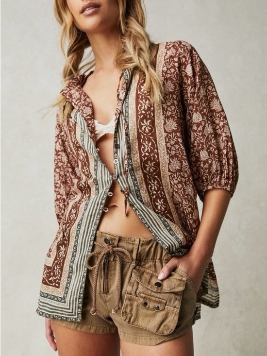 FP Movement by Free People Tops - Free People Border Batik Top Floral Chestnut Brown-NWOT